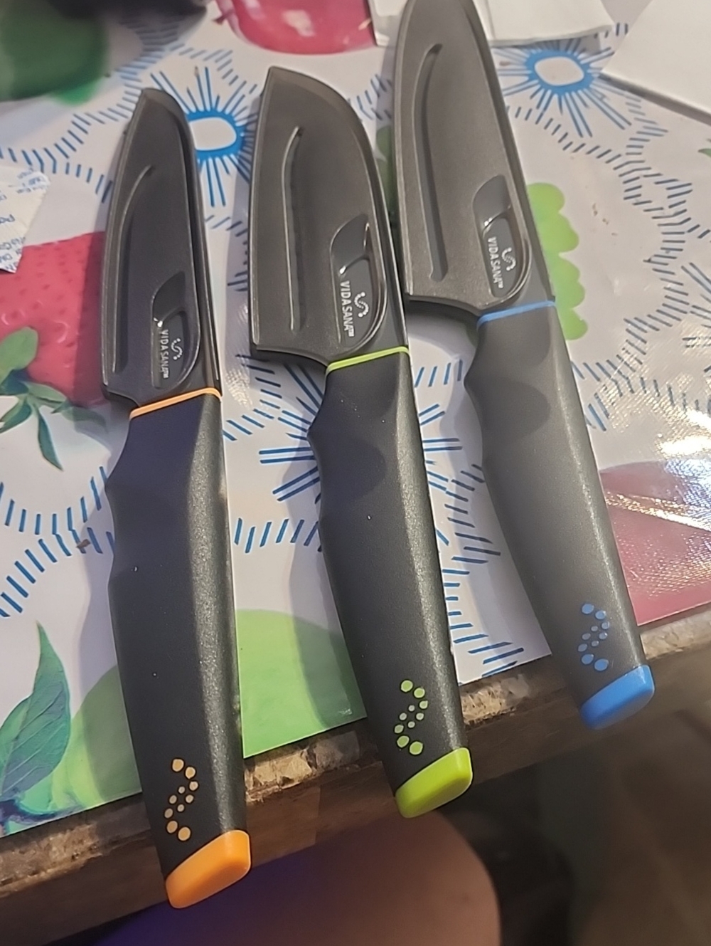 Princess House 3-Piece Knife Set with Orange, Green, and Blue Accents